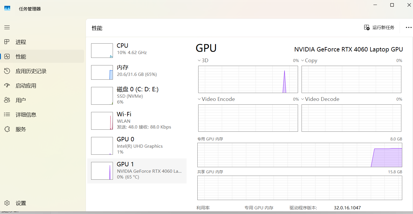 RTX 4060 Laptop 8GB 运行 FLUX 时显存占用截图